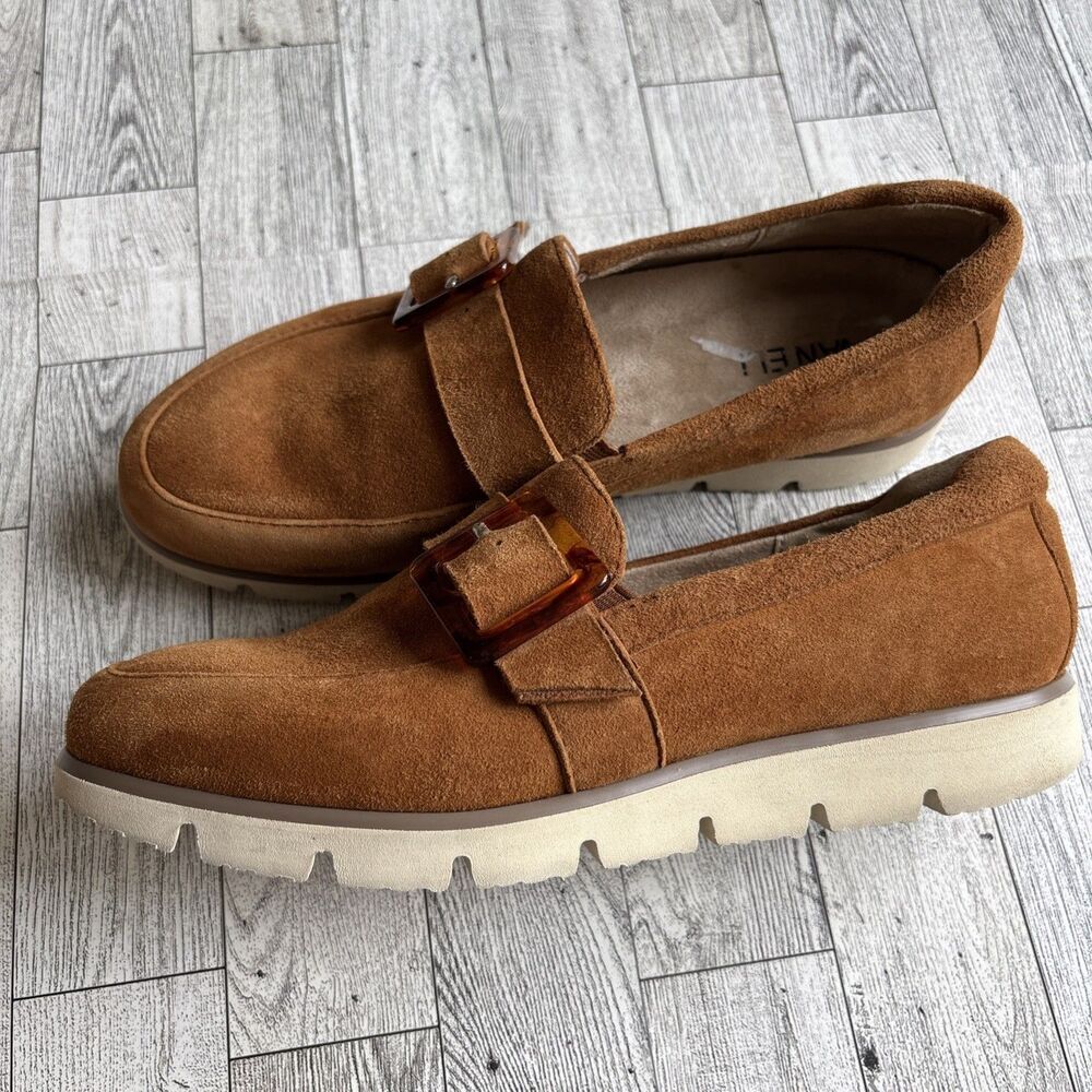 Vaneli Suede Loafers in Cognac Brown with Tortoiseshell Buckle